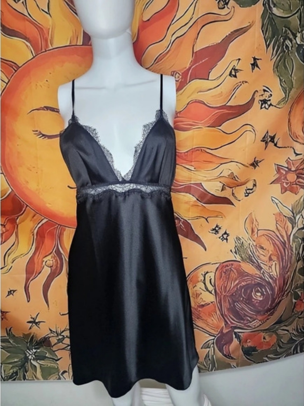 Victoria's Secret Satin Lace-Trim Mini Slip Dress Black Medium